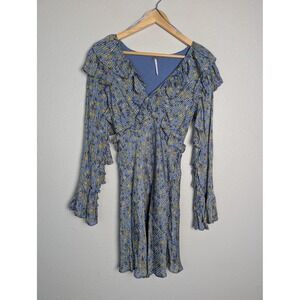 Free People Dress Womens 2‎ Blue Floral Ruffle Wrap V Neck Long Sleeve Mini Boho